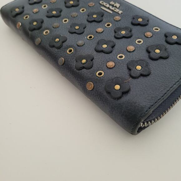 Coach Leather Wallet Navy Zip Around Large Clutch Studded Floral Grunge Boho - Picture 11 of 14